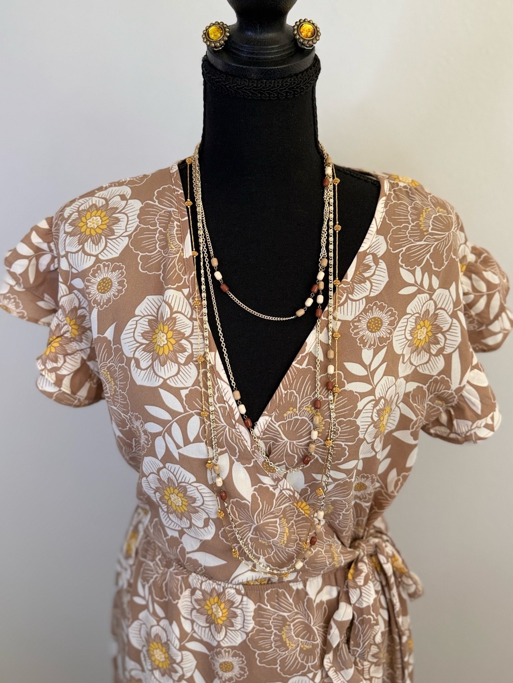 Sienna Sky Floral Wrap Dress Small Brown Cream Boho Ruffle Sleeve - Picture 6 of 8